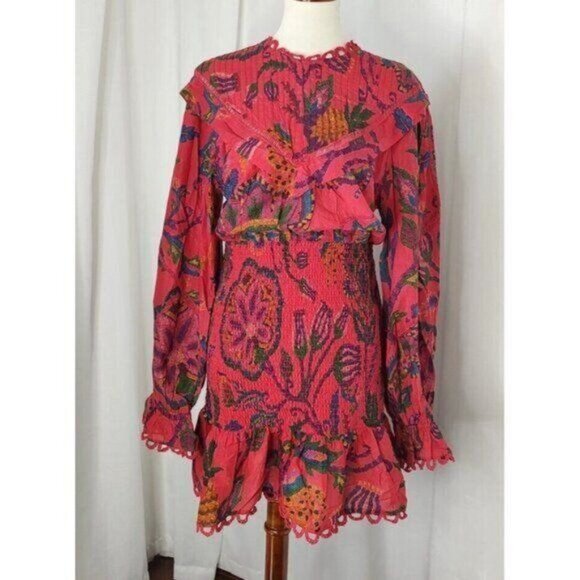 FARM Rio Mini Dress M  Tapestry Tropical Smocked Ruffle…Blush Pink Sunset - Picture 8 of 16